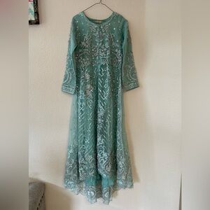 Blue Pakistani Formal Dress (Beautiful High-Low Maxi with Pants & Dupatta)